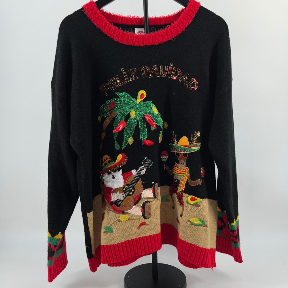 Holiday Time Ugly Christmas Sweater Feliz Navidad Santa Sombrero 1X chili pepper
